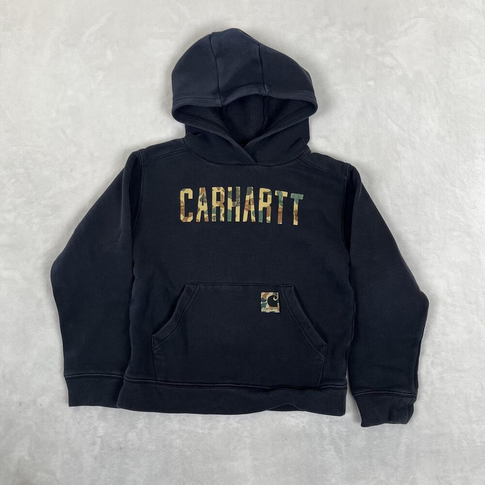 Carhartt Hoodie Youth 8-10 Black Camo Logo Fleece Kangaroo Pocket Pullover